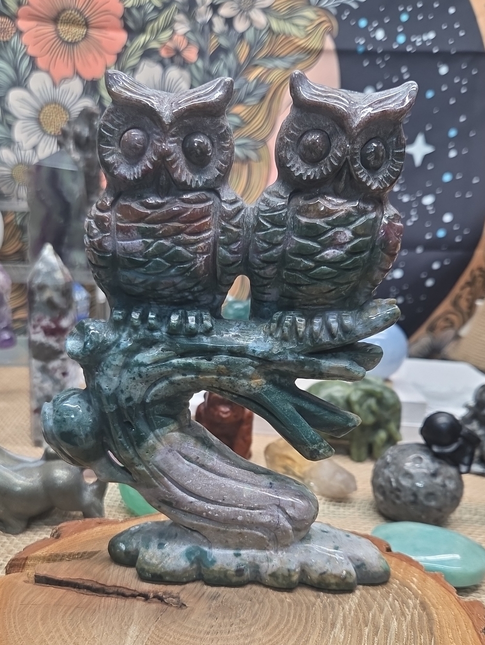Ocean Jasper Double Owl Crystal Carving